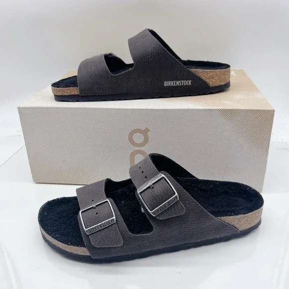 Birkenstock Arizona Shearling Synthetics Desert Dust Black Sandal Womens EU 41
